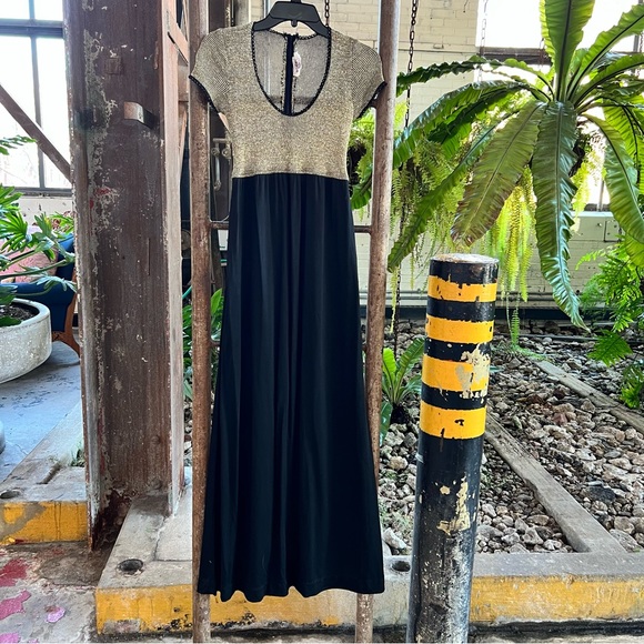 Vintage 70s the cottager black and gold knit maxi dress. - Picture 2 of 6
